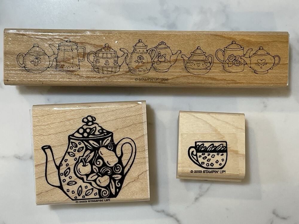Tea Party Teacup Teapot Rubber Stamp Set Lot of 3 Wood Wooden